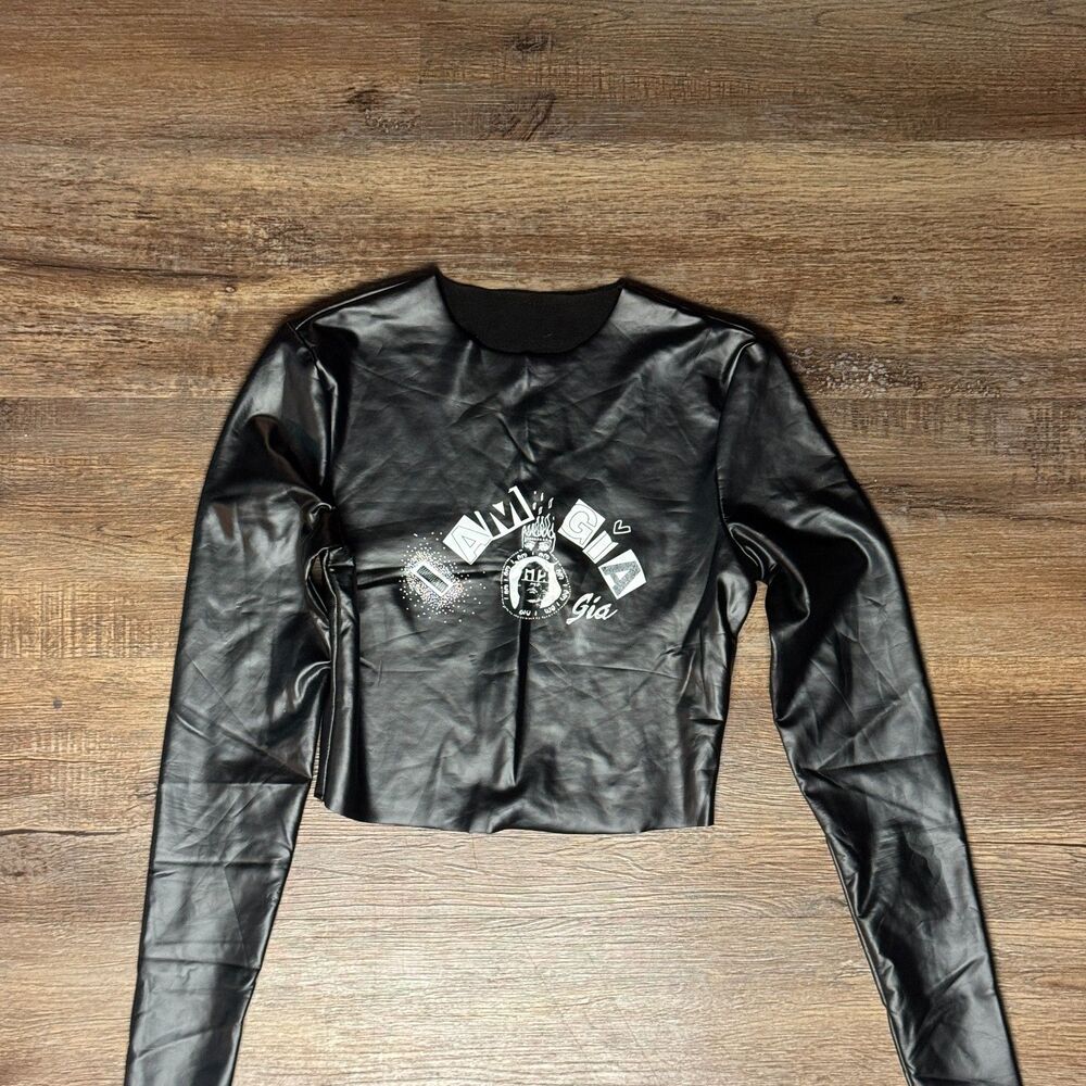 I.AM.GIA Black Faux Leather Long Sleeve Crop Top Size XXS